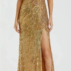 Mac Duggal Gold Sequin High-Slit Evening Gown